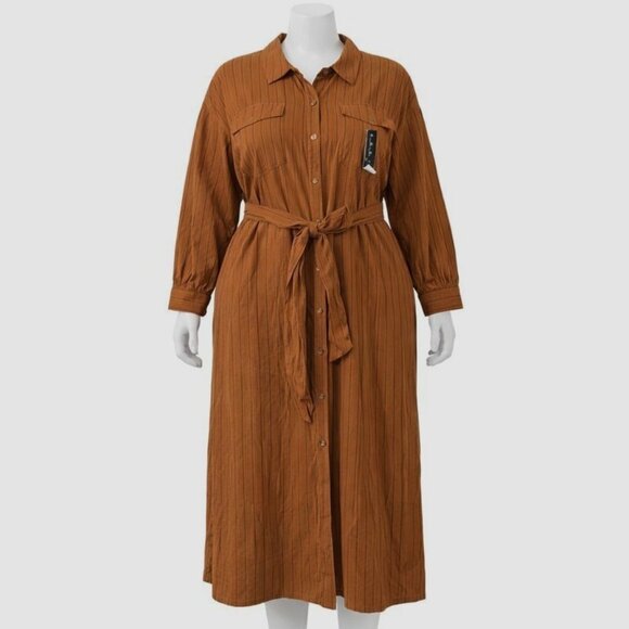 Future Collective Dresses & Skirts - Future Collective Brown Belted Button-Down Maxi Shirt Dress 2X Long Sleeve Strip